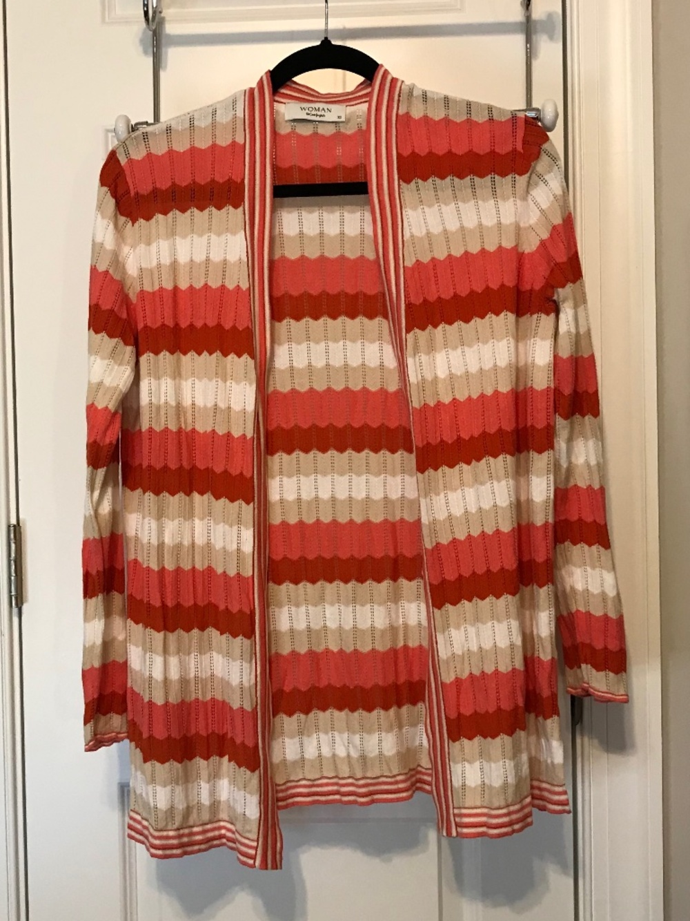 El Corte Ingles coral, tan, white & brick striped long sleeve cardigan (XS)